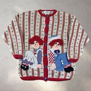 Vintage Raggedy Ann & Andy Knit Cardigan Sweater Medium Grandma Cottagecore 90s